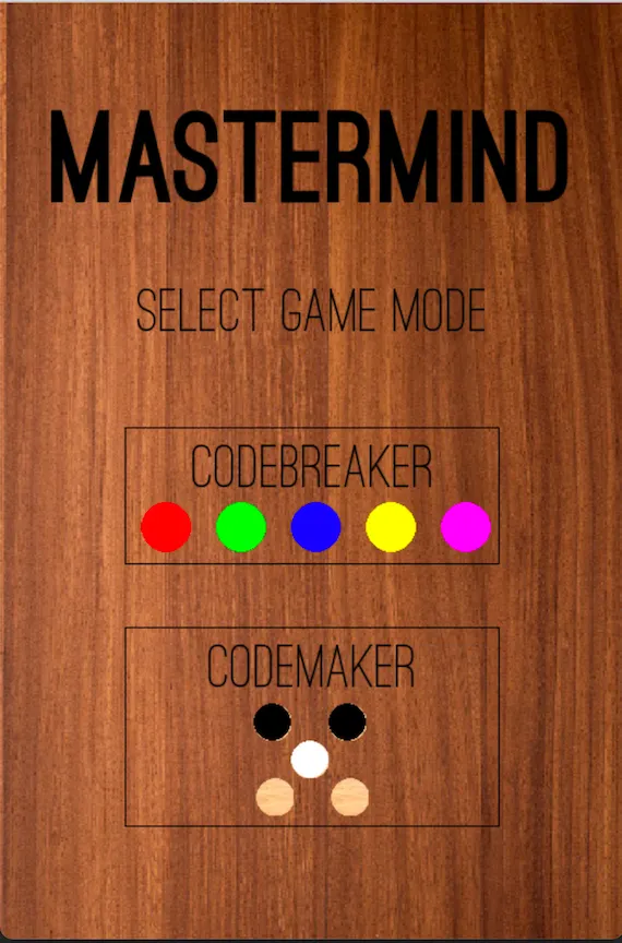 Start screen of the Mastermind written using Python and Pygame