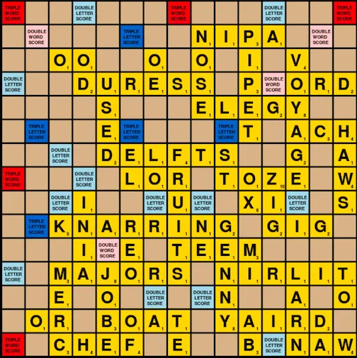 An example game produced by the solver. All words on the board are validated to check for their presence in the Scrabble dictionary at the end of each game. ()